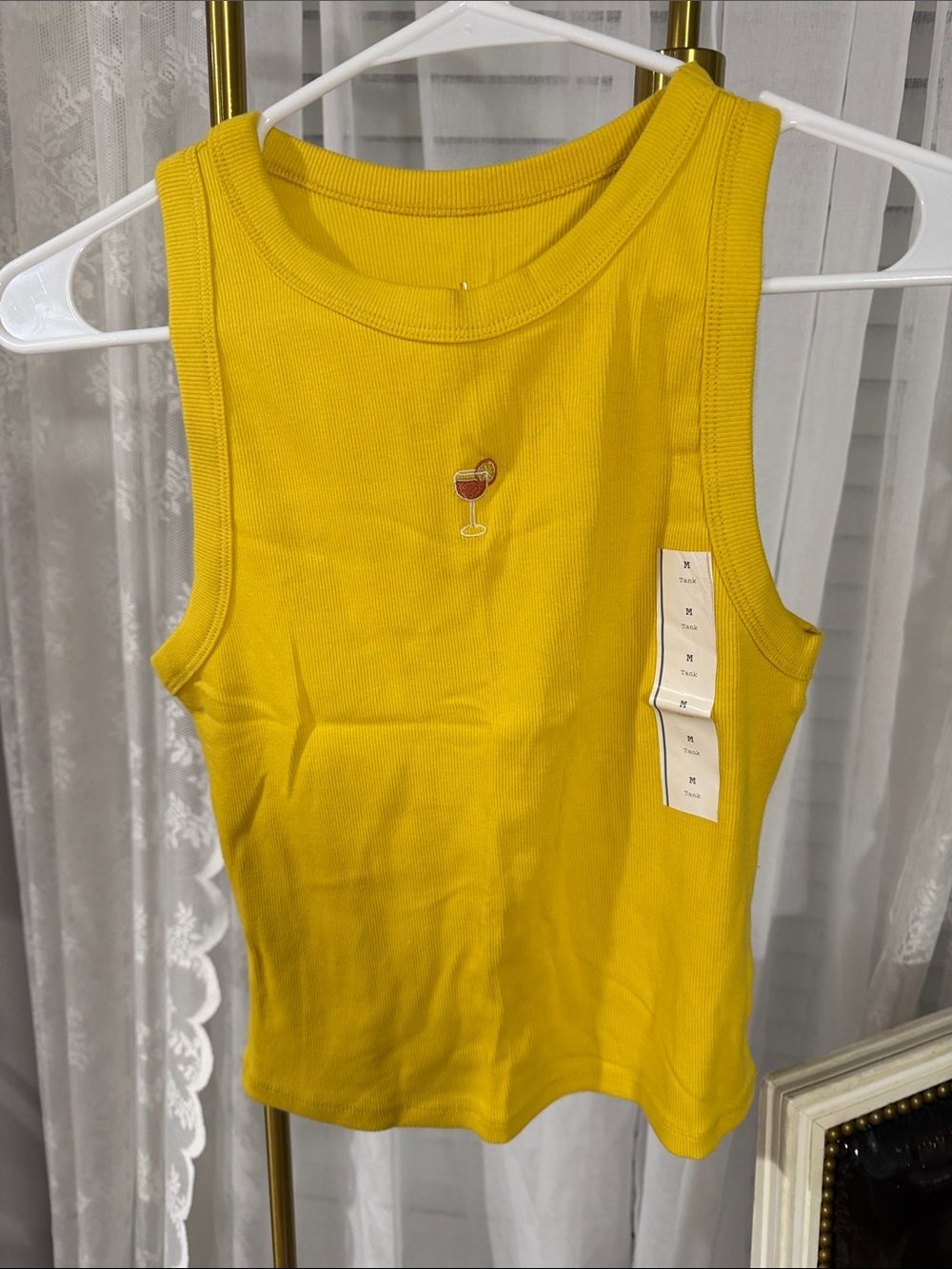 a new day Yellow Ribbed Tank with Wine Glass Patch